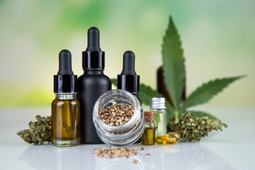Hemp oil and marijuana leaves on hemp extract, cbd
