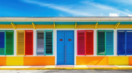 pop art gallery with multicolored Bahama shutters, adding a funky and artistic flair to the...