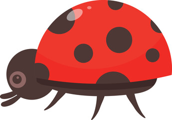 Cartoon ladybug with a shiny red shell and black spots is crawling