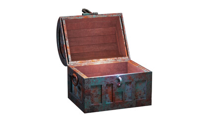 Open wooden treasure box old rusty metal edge open and empty front view 3D rendering