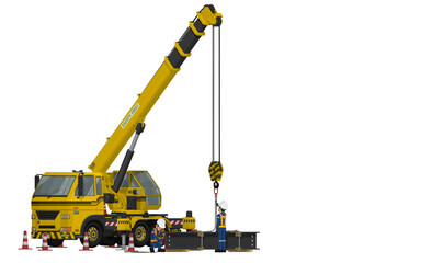 Two workers are working with the mobile crane at the construction site