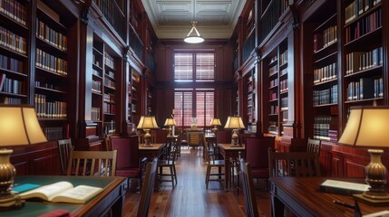 public library with Bahama shutters in scholarly maroon, evoking a sense of academia and quiet study