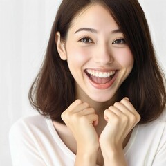 Fototapeta premium Amazed surprised impressed astonished woman. Close up. Happy and smiling. Unexpected news. Positively shocked. Yeah. Wow. Plain background. Advertisement. Cheerful. Satisfied. Positive. Generative AI