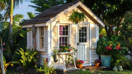 Fototapeta premium quaint garden shed outfitted with miniature Bahama shutters, adding a decorative and practical touch to the backyard