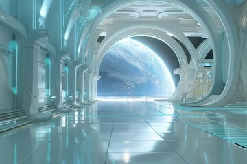 Obraz premium Futuristic spaceship interior with a view of a blue planet through a large window, concept of space travel, exploration, and future technology