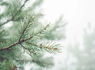 Blurred Evergreen Branch with Drops of Water