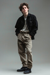 Fototapeta premium 13 A male model in a high fashion look posing stylishly, full body, simple solid background, studio lighting, a minimalist composition,