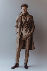 16 A male fashion model posing with elegance in a chic outfit, full body, simple solid background, studio lighting, a minimalist composition,
