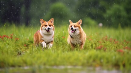 two dogs running along a wet dirt track.