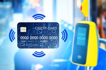 Paying for bus fare. Credit card. NFC terminal on bus handrail. Payment for travel on public...