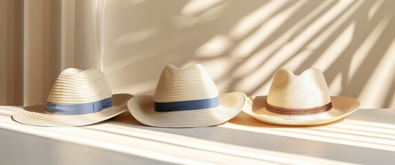 Three Woven Straw Hats with Blue Accents, Set Against a Sunlit Wall