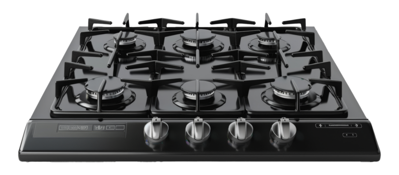 Black gas stovetop with six burners and control knobs, cut out - stock png.