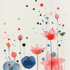 Chinese ink painting, with colorful polka dots and lotus flowers. Floral poster, invite. Vector arrangements for greeting card or invitation design