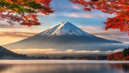 Fototapeta premium A breathtaking view of Mount Fuji during sunrise, surrounded by vivid autumn foliage, reflecting serenely on the calm lake below, creating a tranquil, picturesque scene.