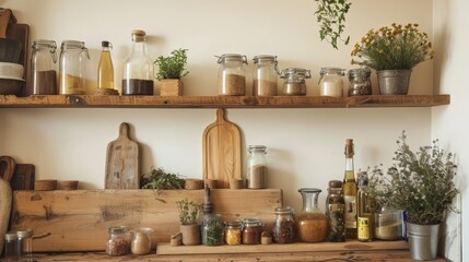Rustic Kitchen Shelf with Spices, Herbs, and Vintage Glassware