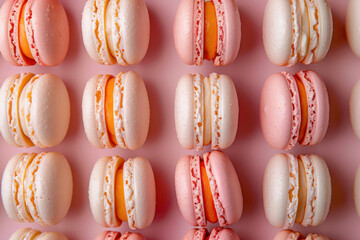 rows of soft white  and pink macarons  filled with orange cream on a delicate pastel background