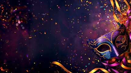 Colorful masquerade mask on a dark background. Festive carnival design with purple and gold tones for celebration themes. Perfect for party invites or event promotions. AI