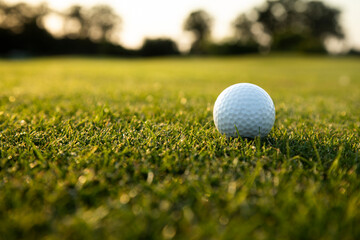 Closeup Golf ball on green grass on course