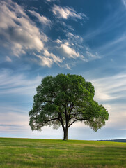 Obraz premium lone, majestic tree standing in the middle of a vast, green field under a clear blue sky with wispy clouds. The scene conveys a sense of serenity and solitude, with the tree as the central focus