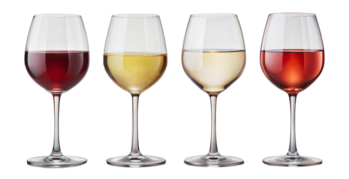 Four wine glasses with red and white wine, cut out - stock png.
