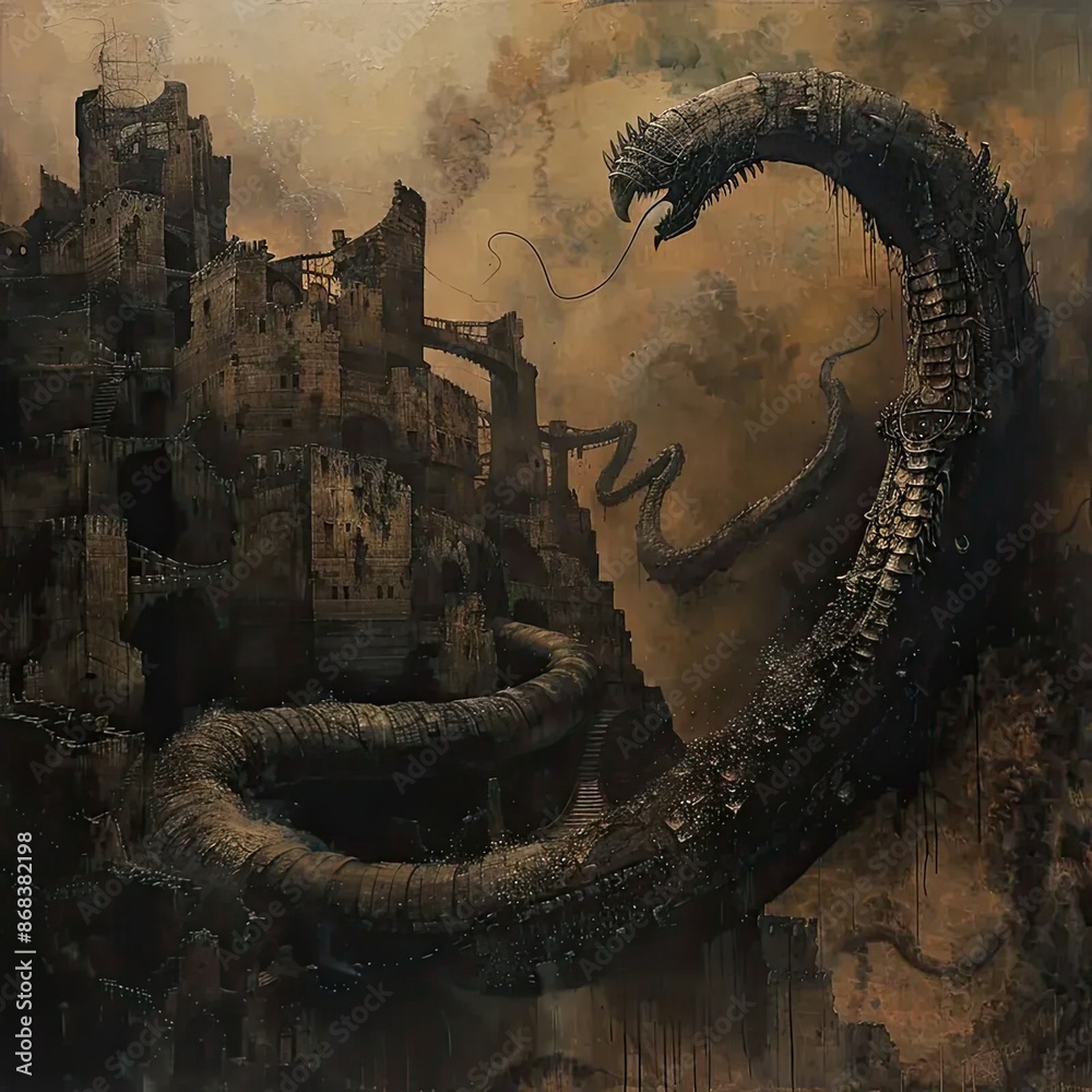 Wall mural a painting of a giant snake with a castle in the background