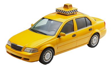 Yellow taxi car with checkered roof sign, cut out - stock png.