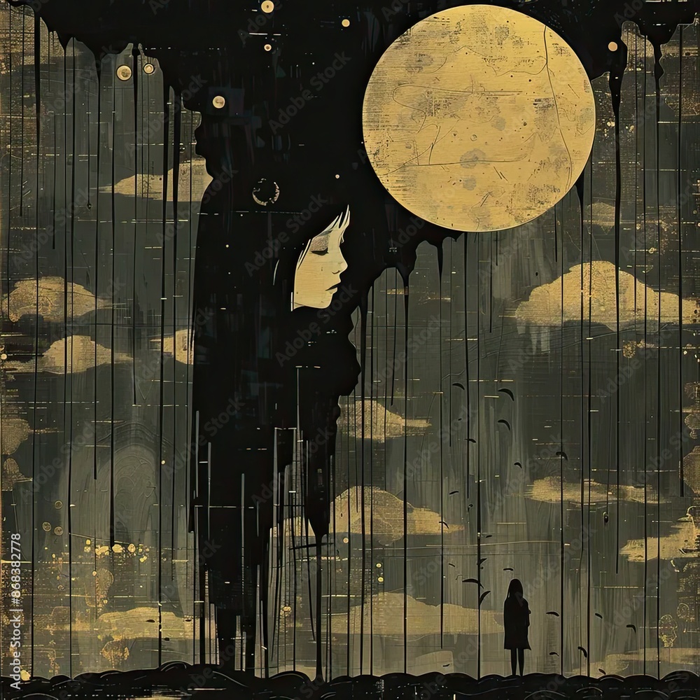 Wall mural a painting of a person standing in front of a full moon