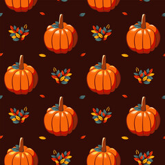 Hello autumn, autumn season, pumpkins, leaves, branches, berries, pattern, vector	