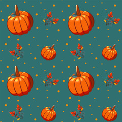 Hello autumn, autumn season, pumpkins, leaves, branches, berries, pattern, vector	