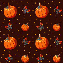 Hello autumn, autumn season, pumpkins, leaves, branches, berries, pattern, vector	