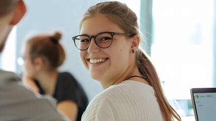 A smiling young woman wearing glasses in an office meeting setting. The background shows colleagues engaged in discussion, creating a collaborative atmosphere.