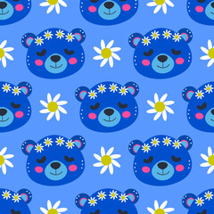 Bear and flowers pattern. Cute blue bear head and daisy flowers seamless pattern. Vector illustration.