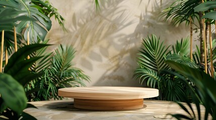 Wooden Podium with Tropical Plants