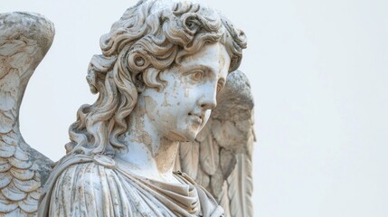 Fototapeta premium Ancient Greek sculpture of angel white background representation spirituality. 