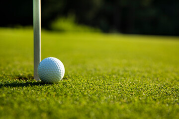 Closeup Golf ball on green grass on course