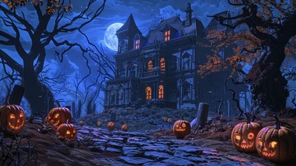 Halloween Night at a Haunted Mansion with Pumpkins and Moonlight
