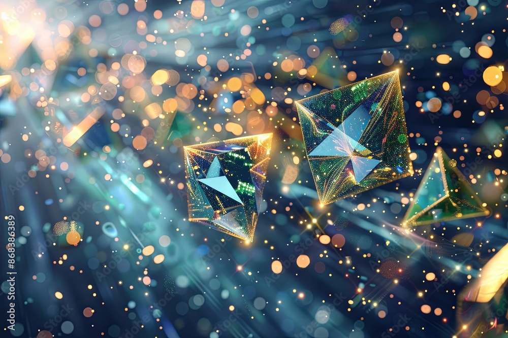Poster abstract platonic solids with glittering dust and god rays