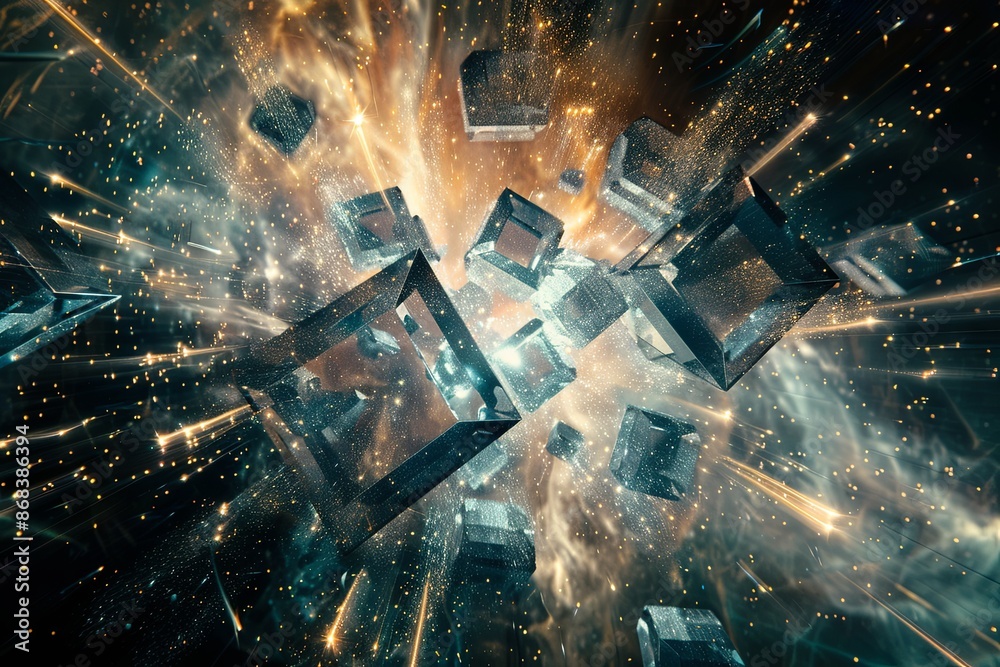 Poster abstract sapphire topaz emerald platonic solids exploding in cosmic dust