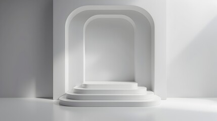 Fototapeta premium Elegant White Curved Wall and Platform Display Stage for Product Presentation or Exhibition