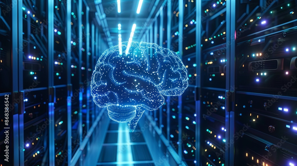 Aufkleber digital brain hologram in server room representing artificial intelligence technology