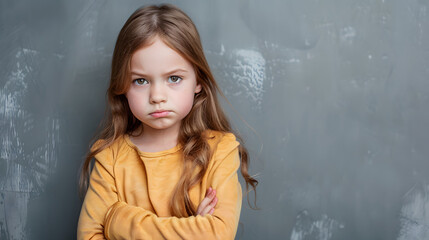 Obraz premium A close-up portrait of an angry young girl with long hair, crossing her arms and pouting, wearing a yellow shirt against a gray background.