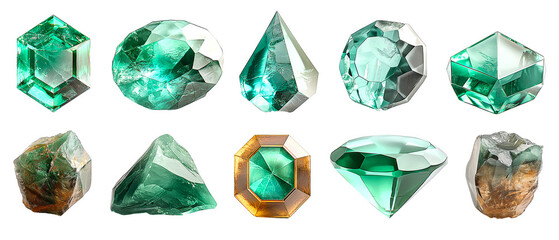 Fototapeta premium Set of Green Sapphire on a transparent background, mineral, gemstone, colorful gradient crystal stone chunks, png file, cut off bg, alpha channel, 300 dpi 
