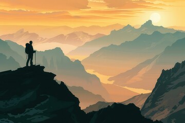 hiker silhouetted at mountain summit majestic landscape with cliffs and valley adventure concept illustration