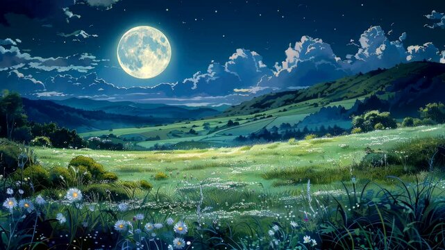 Moonlit grassy meadow with wildflowers and rolling hills under starry sky. Peaceful night concept