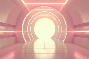 Obraz premium Futuristic Pink Neon Tunnel with Glowing Arched Doorway - Sci-Fi Concept for Modern Poster Design