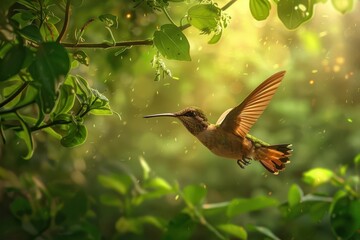 Naklejka premium hummingbird in flight with lush green forest background enchanting digital artwork