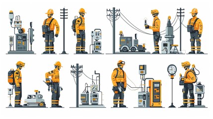 electrical engineer and utility pole illustrations. Flat vector illustrations of electrical work, electrical repairs, control, analysis of electrical repairs, communication, control