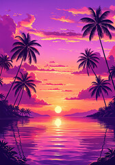 Naklejka premium A vibrant digital painting depicting a tropical beach scene at sunset, with palm trees and a tranquil ocean under a colorful sky.