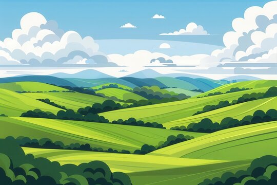 idyllic summer landscape with green fields rolling hills and blue sky with clouds flat style cartoon illustration