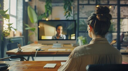 Rear view of young woman using headphones while attending video conference at home.